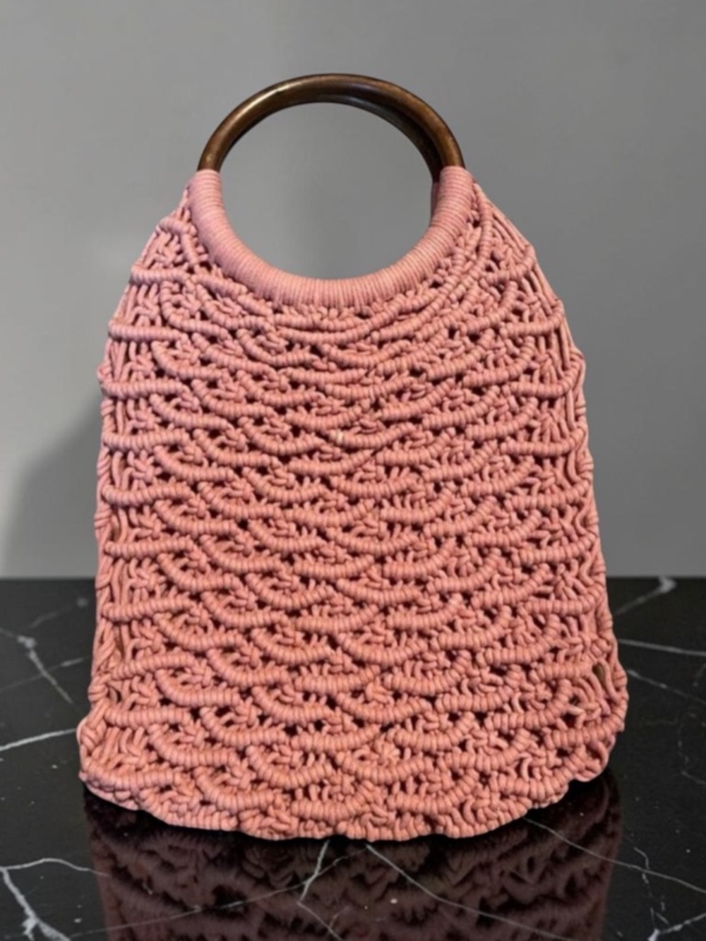 Sigrid Olsen Handmade Macrame Bamboo Handles Cotton Boho Hippie Peach Handbag
